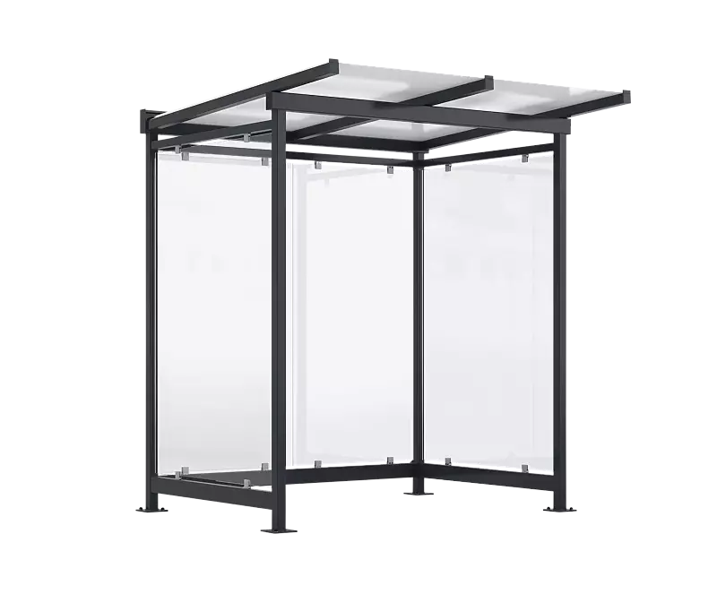 Wartehalle FORNAX, Dachbreite x Dachtiefe 2330 mm x 2065 mm, zum Aufdübeln bei +/- 0 mm, Rück- / Seitenwände ESG, Klarglas, Stahlkonstruktion in RAL 7016 anthrazitgrau