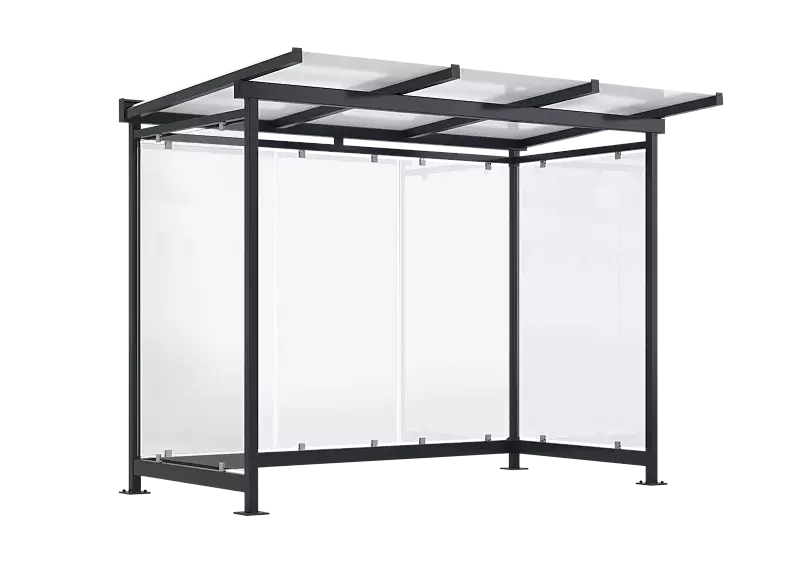 Wartehalle FORNAX, Dachbreite x Dachtiefe 3305 mm x 2065 mm, zum Aufdübeln bei +/- 0 mm, Rück- / Seitenwände ESG, Klarglas, Stahlkonstruktion in RAL 7016 anthrazitgrau