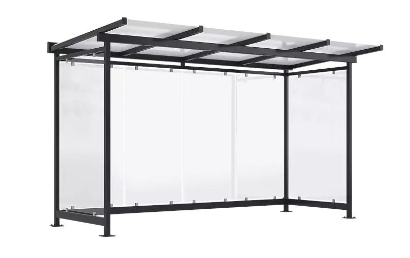 Wartehalle FORNAX, Dachbreite x Dachtiefe 4380 mm x 2065 mm, zum Aufdübeln bei +/- 0 mm, Rück- / Seitenwände ESG, Klarglas, Stahlkonstruktion in RAL 7016 anthrazitgrau