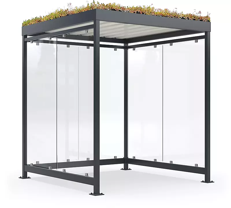 Fahrradüberdachung AQUILA GREEN, Dachbreite x Dachtiefe 2165 mm x 2165 mm, zum Aufdübeln bei +/- 0 mm, Rück- / Seitenwände ESG, Klarglas, Stahlkonstruktion in RAL 7016 anthrazitgrau