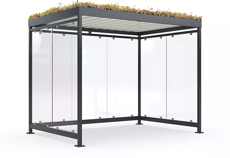 Fahrradüberdachung AQUILA GREEN, Dachbreite x Dachtiefe 3180 mm x 2165 mm, zum Aufdübeln bei +/- 0 mm, Rück- / Seitenwände ESG, Klarglas, Stahlkonstruktion in RAL 7016 anthrazitgrau