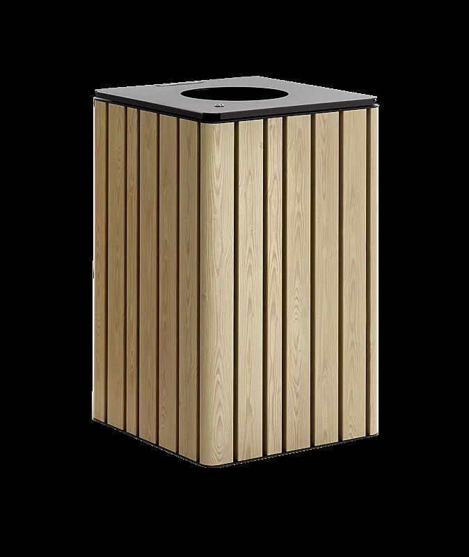 Abfallbehälter MANTUA ohne Schutzdach, Aluminium in natürlichem Eschenholzoptik-Effekt, Stahlteile in eisenglimmergrau