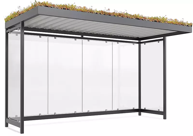 Wartehalle AQUILA GREEN, Dachbreite x Dachtiefe 4195 mm x 2165 mm, zum Aufdübeln bei -200 mm, Rück- / Seitenwände ESG, Klarglas, Stahlkonstruktion in RAL 7016 anthrazitgrau