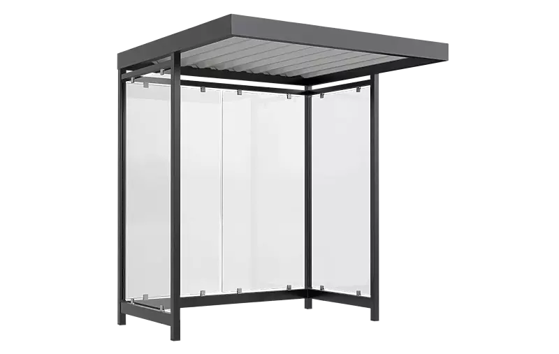 Wartehalle AQUILA, Dachbreite x Dachtiefe 2165 mm x 2165 mm, zum Aufdübeln bei +/- 0 mm, Rück- / Seitenwände ESG, Klarglas, Stahlkonstruktion in RAL 7016 anthrazitgrau