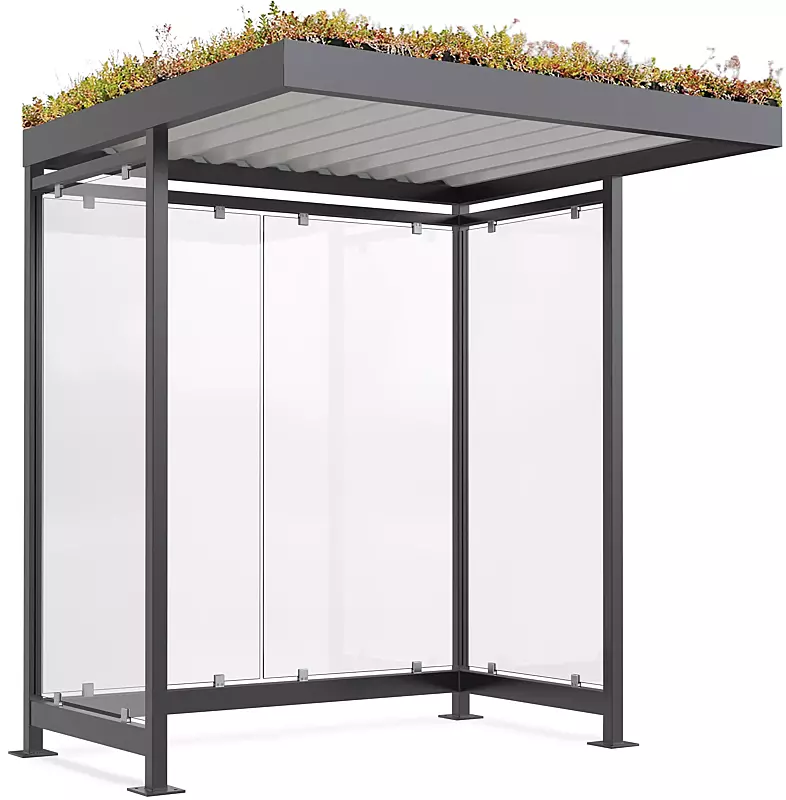 Wartehalle LEONIS GREEN, Dachbreite x Dachtiefe 2165 mm x 2165 mm, zum Aufdübeln bei +/- 0 mm, mit Rück- / Seitenwänden, Stahlkonstruktion in RAL 7016 anthrazitgrau