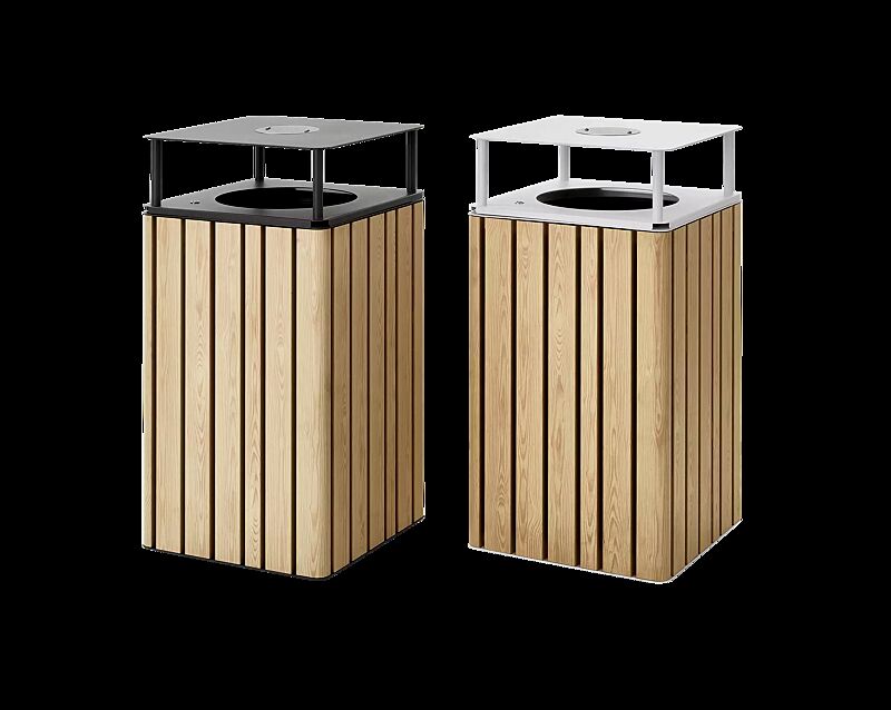 Abfallbehälter MANTUA mit Schutzdach, Aluminium in natürlichem Eschenholzoptik-Effekt, Stahlteile in eisenglimmergrau sowie in RAL 9003 signalweiß