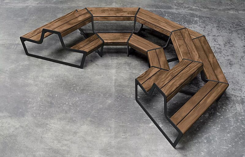 Bank-Tisch-Kombination LINK bestehend aus 5 Einzelelementen, modular erweiterbar, Stahlteile in RAL 7021 schwarzgrau