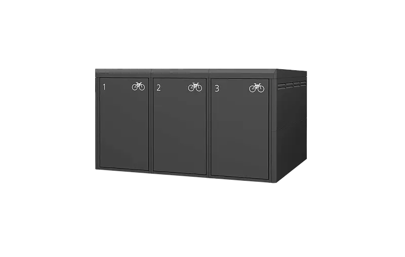 Fahrradgarage FULLERTON-E für 3 Fahrräder, einstöckig, für Zugangs- und Buchungssystem SmartBikeBox®, Höhe x Breite x Tiefe 1570 mm x 2738 mm x 2100 mm, Stahlkonstruktion in RAL 7016 anthrazitgrau, Beschriftung gegen Mehrpreis Fahrradgarage FULLERTON-E...
