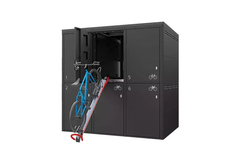 Fahrradgarage FULLERTON-KEY XL für 6 Fahrräder, doppelstöckig, Höhe x Breite x Tiefe 2945 mm x 2738 mm x 2100 mm, Stahlkonstruktion in RAL 7016 anthrazitgrau, Beschriftung gegen Mehrpreis 