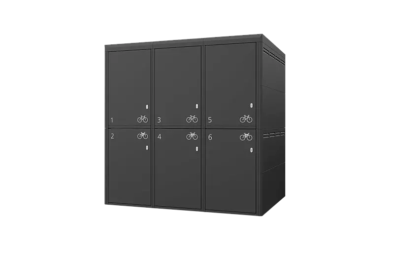 Fahrradgarage FULLERTON-KEY XL für 6 Fahrräder, doppelstöckig, Höhe x Breite x Tiefe 2945 mm x 2738 mm x 2100 mm, Stahlkonstruktion in RAL 7016 anthrazitgrau, Beschriftung gegen Mehrpreis Fahrradgarage FULLERTON-KEY XL für 6 Fahrräder, doppelstöckig, H...