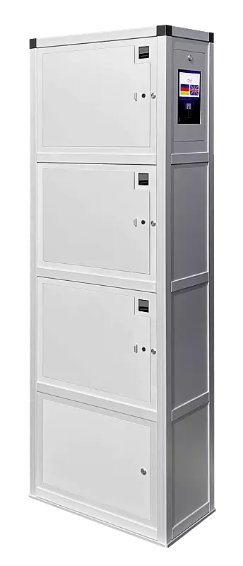 E-Bike-Ladestellenschrank AMARO EDGE, 3 große Ladefächer mit RFID mit zentraler Steuereinheit und optionalem Informationsdisplay zur visuellen Benutzerführung (frontseitig), mit Anschlussraum