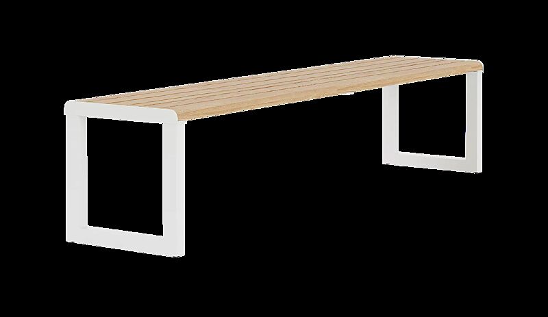 Sitzbank MANTUA ohne Rückenlehne, Aluminium in natürlichem Eschenholzoptik-Effekt, Stahlteile in RAL 9003 signalweiß