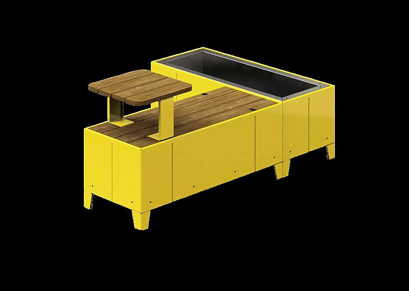 Sitzinsel TASKU, Sitzbank und Tisch sowie rechteckiger Pflanzbehälter, in RAL 1021 rapsgelb