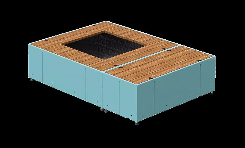 Sitzinsel TASKU, Sitzbank sowie quadratischer Pflanzbehälter mit Sitzbank, in RAL 6027 lichtgrün