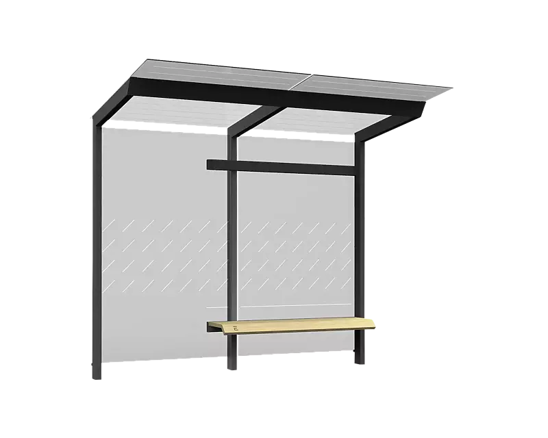 Wartehalle TRAXO, Dachbreite x Dachtiefe 2800 mm x 1740 mm, inkl. Rückwand ESG, Klarglas, mit Siebdruckdekor, Sitzbank davorstehend rechts, Stahlkonstruktion in RAL 7016 anthrazitgrau