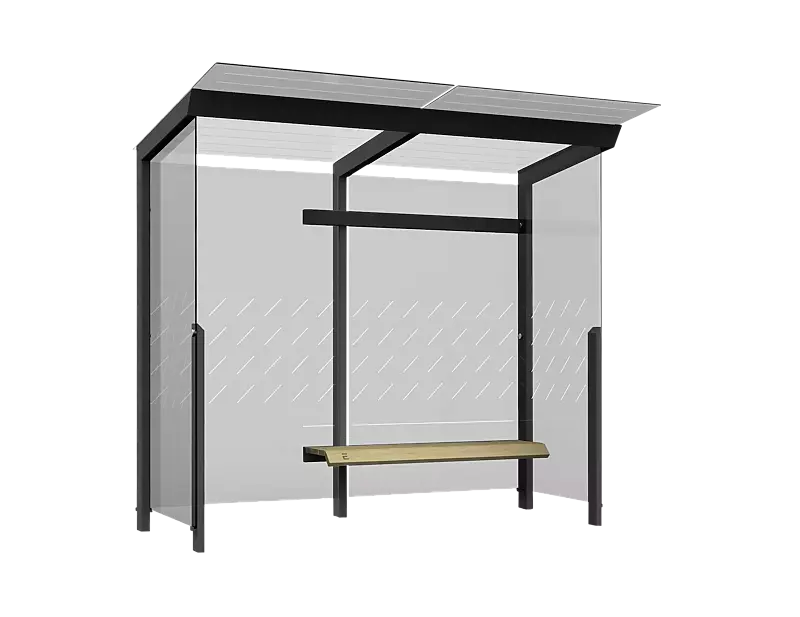 Wartehalle TRAXO, Dachbreite x Dachtiefe 2800 mm x 1740 mm, inkl. Rück- / Seitewände ESG, Klarglas, mit Siebdruckdekor, Sitzbank davorstehend rechts, Stahlkonstruktion in RAL 7016 anthrazitgrau