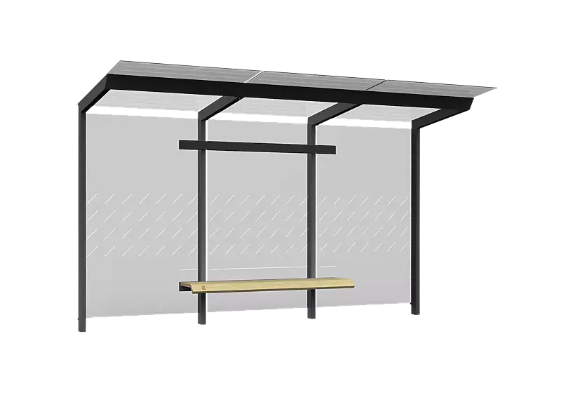 Wartehalle TRAXO, Dachbreite x Dachtiefe 4170 mm x 1740 mm, inkl. Rückwand ESG, Klarglas, mit Siebdruckdekor, Sitzbank mittig, Stahlkonstruktion in RAL 7016 anthrazitgrau