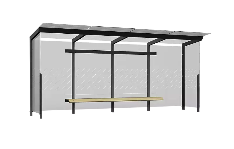 Wartehalle TRAXO, Dachbreite x Dachtiefe 5560 mm x 1740 mm, inkl. Rück- / Seitewände ESG, Klarglas, mit Siebdruckdekor, Sitzbank mittig, Stahlkonstruktion in RAL 7016 anthrazitgrau