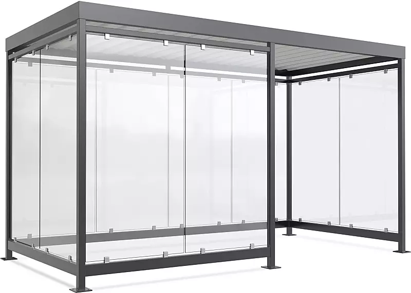 Raucherunterstand LEONIS, Dachbreite x Dachtiefe 3180 mm x 2165 mm, zum Aufdübeln bei +/- 0 mm, mit Rück- / Seiten- sowie 2 Windschutzwänden links, Stahlkonstruktion in RAL 7016 anthrazitgrau