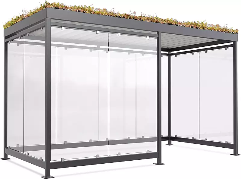 Raucherunterstand LEONIS, Dachbreite x Dachtiefe 3180 mm x 2165 mm, zum Aufdübeln bei +/- 0 mm, mit Rück- / Seiten- sowie 2 Windschutzwänden links, Stahlkonstruktion in RAL 7016 anthrazitgrau