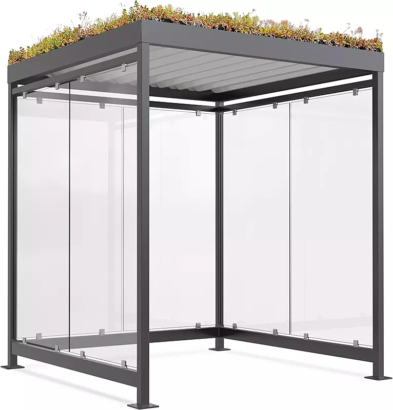 Raucherunterstand AQUILA GREEN, Dachbreite x Dachtiefe 2165 mm x 2165 mm, zum Aufdübeln bei +/- 0 mm, mit Rück- / Seitenwänden, Stahlkonstruktion in RAL 7016 anthrazitgrau