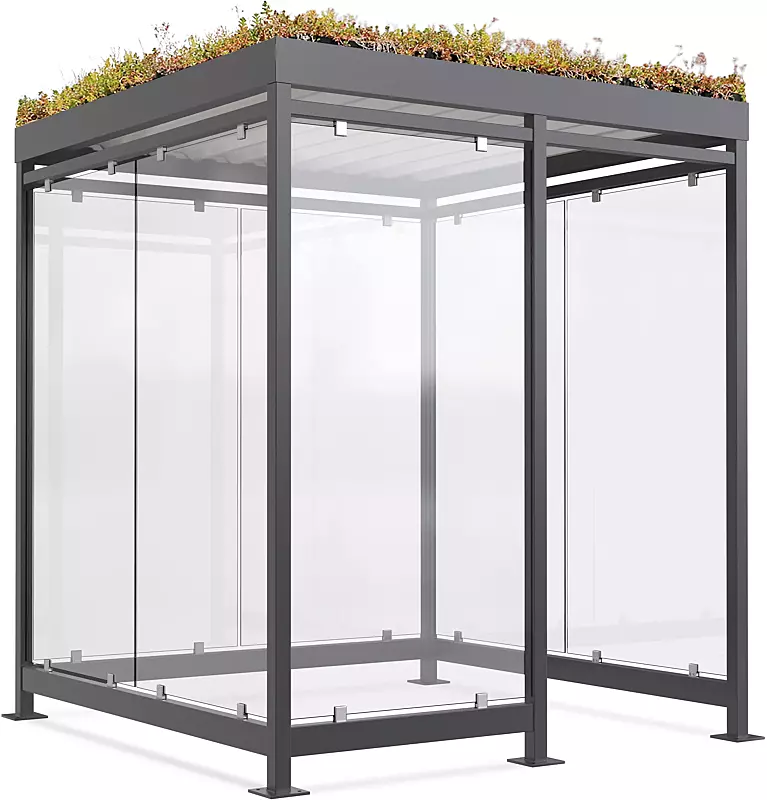 Raucherunterstand AQUILA GREEN, Dachbreite x Dachtiefe 2165 mm x 2165 mm, zum Aufdübeln bei +/- 0 mm, mit Rück- / Seitenwände sowie Windschutzwand links, Stahlkonstruktion in RAL 7016 anthrazitgrau