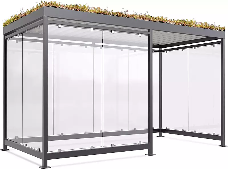 Raucherunterstand AQUILA GREEN, Dachbreite x Dachtiefe 4195 mm x 2165 mm, zum Aufdübeln bei +/- 0 mm, mit Rück-, Seiten- / 2 Windschutzwänden links, Stahlkonstruktion in RAL 7016 anthrazitgrau