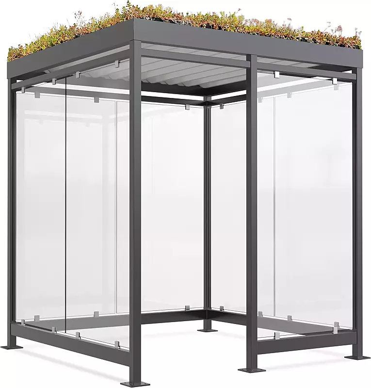 Raucherunterstand AQUILA GREEN, Dachbreite x Dachtiefe 2165 mm x 2165 mm, zum Aufdübeln bei +/- 0 mm, mit Rück- / Seitenwänden sowie Windschutzwand rechts, Stahlkonstruktion in RAL 7016 anthrazitgrau