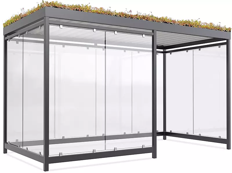 Raucherunterstand AQUILA GREEN, Dachbreite x Dachtiefe 4195 mm x 2165 mm, zum Aufdübeln bei -200 mm, mit Rück-, Seiten- / 2 Windschutzwänden links, Stahlkonstruktion in RAL 7016 anthrazitgrau