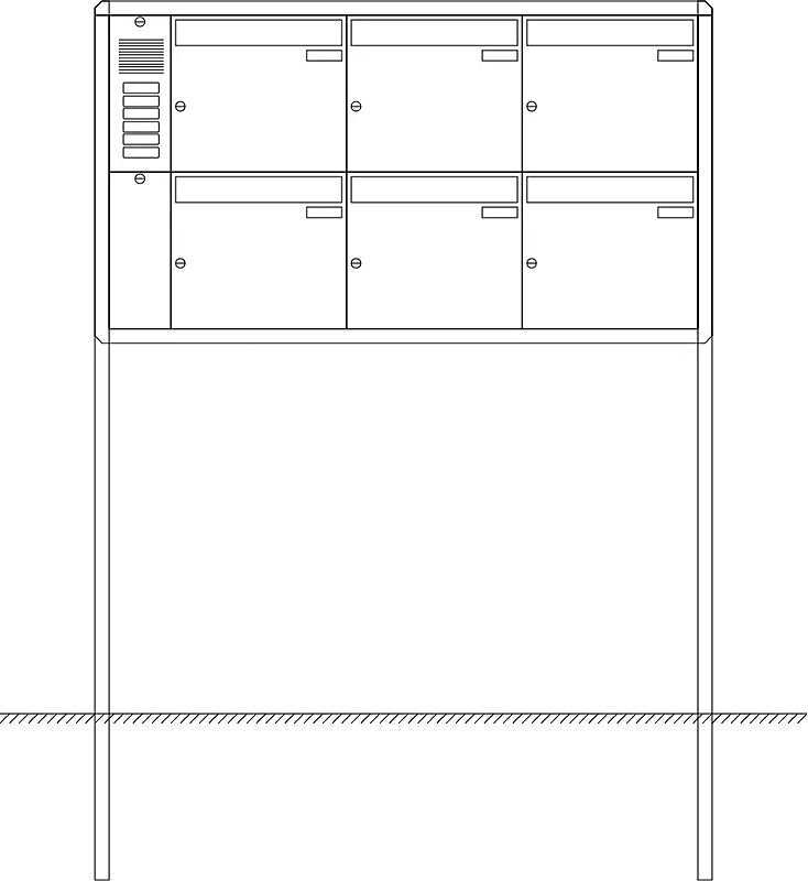 Briefkastenanlage Nizza mit Ständeranlage, zum Einbetonieren, 6 Briefkästen (je 3 nebeneinander), mit Sprech- / Klingelfach