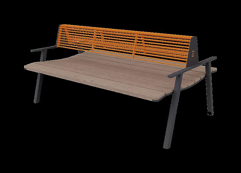 Sitzbank EGER MODERN - doppelseitig, mit Rücken- und Armlehnen, mit Eschenholzbelattung, Stahlteile in RAL 7016 anthrazitgrau und RAL 2008 hellrotorange