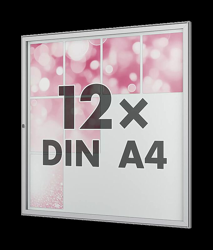 Schaukasten TESSALIA, für 12 x DIN A4, Hochformat, in Alu silber