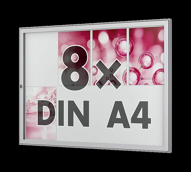 Schaukasten TESSALIA, für 8 x DIN A4, Querformat, in Alu silber