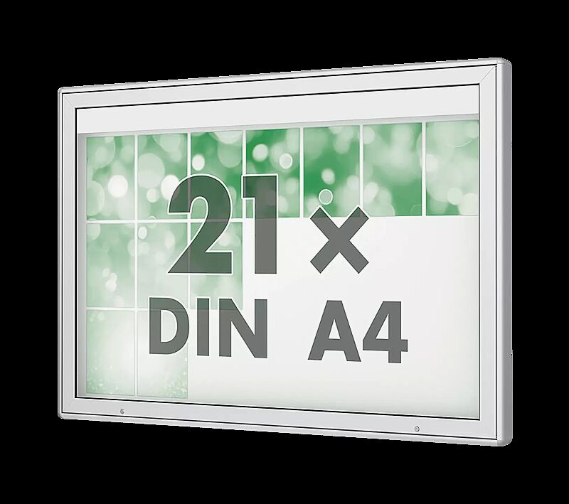 Schaukasten DERINEA zur Wandbefestigung, Ecken gerundet, Bautiefe 80 mm, für 21 x DIN A4, Alu silber