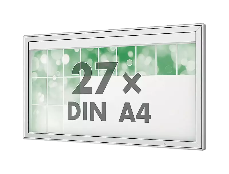 Schaukasten DERINEA zur Wandbefestigung, Ecken gerundet, Bautiefe 80 mm, für 27 x DIN A4, Alu silber
