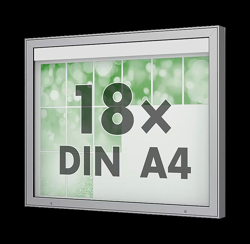 Schaukasten DERINEA zur Wandbefestigung, Ecken spitz, Bautiefe 100 mm, für 18 x DIN A4, Alu silber