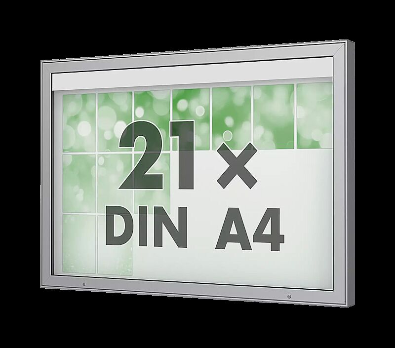 Schaukasten DERINEA zur Wandbefestigung, Ecken spitz, Bautiefe 100 mm, für 21 x DIN A4, Alu silber