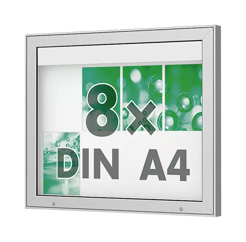 Schaukasten DERINEA zur Wandbefestigung, Ecken spitz, Bautiefe 65 mm, für 8 x DIN A4, Alu silber