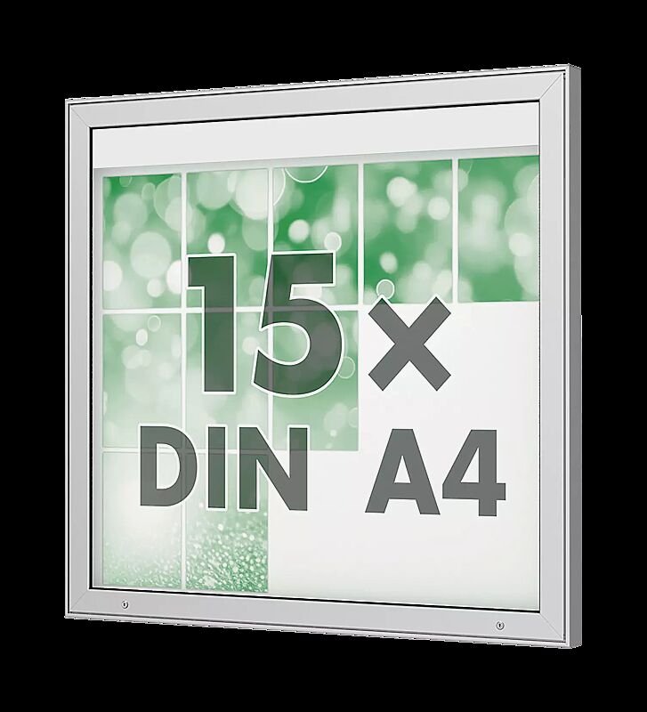 Schaukasten DERINEA zur Wandbefestigung, Ecken spitz, Bautiefe 65 mm, für 15 x DIN A4, Alu silber