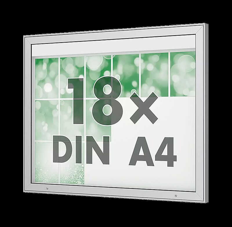 Schaukasten DERINEA zur Wandbefestigung, Ecken spitz, Bautiefe 65 mm, für 18 x DIN A4, Alu silber
