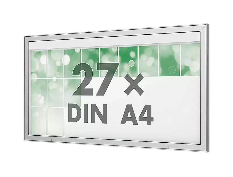 Schaukasten DERINEA zur Wandbefestigung, Ecken spitz, Bautiefe 65 mm, für 27 x DIN A4, Alu silber