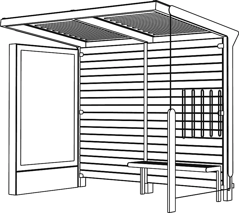 Wartehalle AUREO, Dachbreite x Dachtiefe 2860 mm x 1855 mm, einseitig, mit Seitenwänden, mit Werbevitrine C-LIGHT