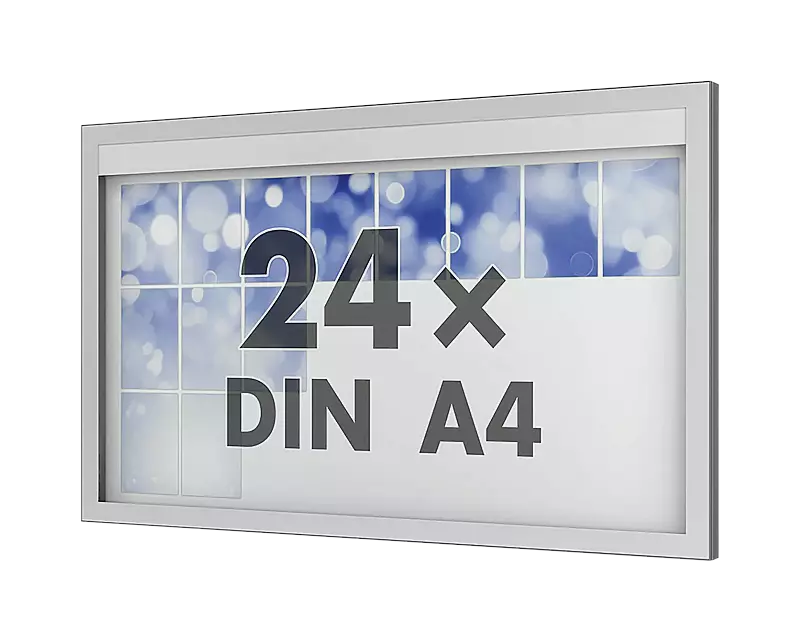 Schaukasten MEGARA zur Wandbefestigung, einseitig, für 24 x DIN A4, Bautiefe 73 mm, Alu silber