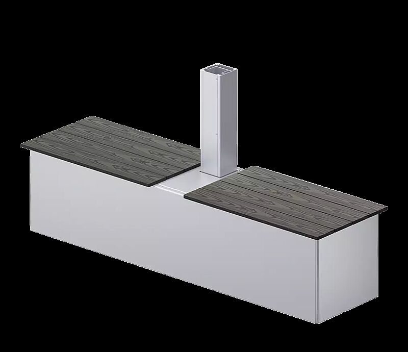 Beschwerungskasten mit WPC-Sitzauflage, mittig für doppelseitige Ausführung, für Markisen-Freigestell VOLANTIS, in RAL 9006 weißaluminium