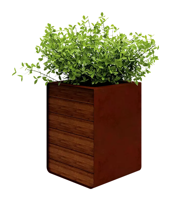 Pflanzbehälter REPOSA, 250 Liter, Seitenteile mit Bambusholzbelattung, aus Cortenstahl