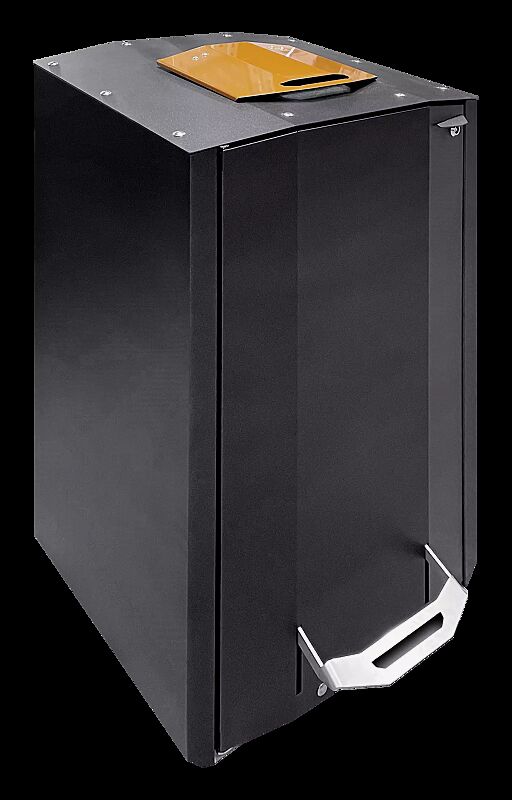 Abfallbehälter EKOCITY, 120 Liter, Einwurfklappe in RAL 1028 melonengelb, Stahlteile in Finbin Black 1945, ähnl. schwarz metallic, strukturiert