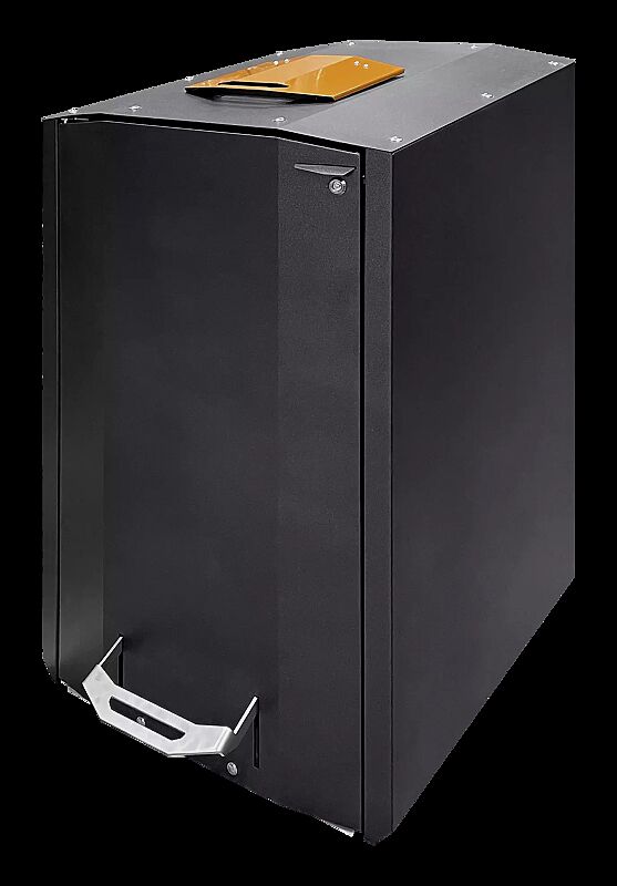 Abfallbehälter EKOCITY, 240 Liter, Einwurfklappe in RAL 1028 melonengelb, Stahlteile in Finbin Black 1945, ähnl. schwarz metallic, strukturiert