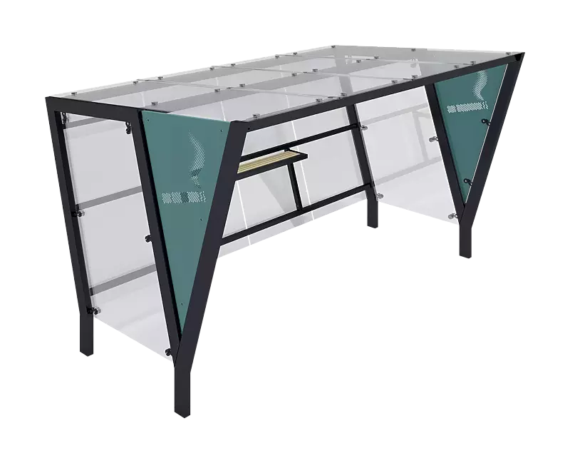 Raucherunterstand TAURI, mit Pultdach, Dachbreite x Dachtiefe 3940 mm x 2500 mm, Dacheindeckung VSG, Rückwand ESG, Klarglas, Seitenwand ESG, Klarglas bzw. perforiertem Stahlblech, Stahlkonstruktion in RAL 7016 anthrazitgrau