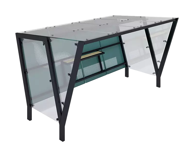 Raucherunterstand TAURI, mit Pultdach, Dachbreite x Dachtiefe 3940 mm x 2500 mm, Dacheindeckung VSG, Rückwand perforiertes Stahlblech, Seitenwand ESG, Klarglas, Stahlkonstruktion in RAL 7016 anthrazitgrau