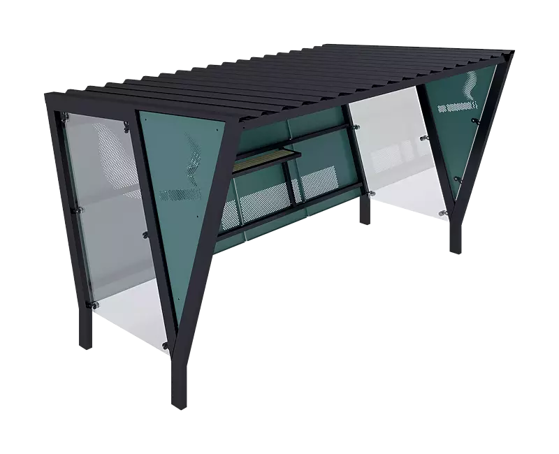 Raucherunterstand TAURI, mit Pultdach, Dachbreite x Dachtiefe 3940 mm x 2500 mm, Dacheindeckung Trapezblech, Rückwand perforiertes Stahlblech, Seitenwand ESG, Klarglas bzw. perforiertem Stahlblech, Stahlkonstruktion in RAL 7016 anthrazitgrau